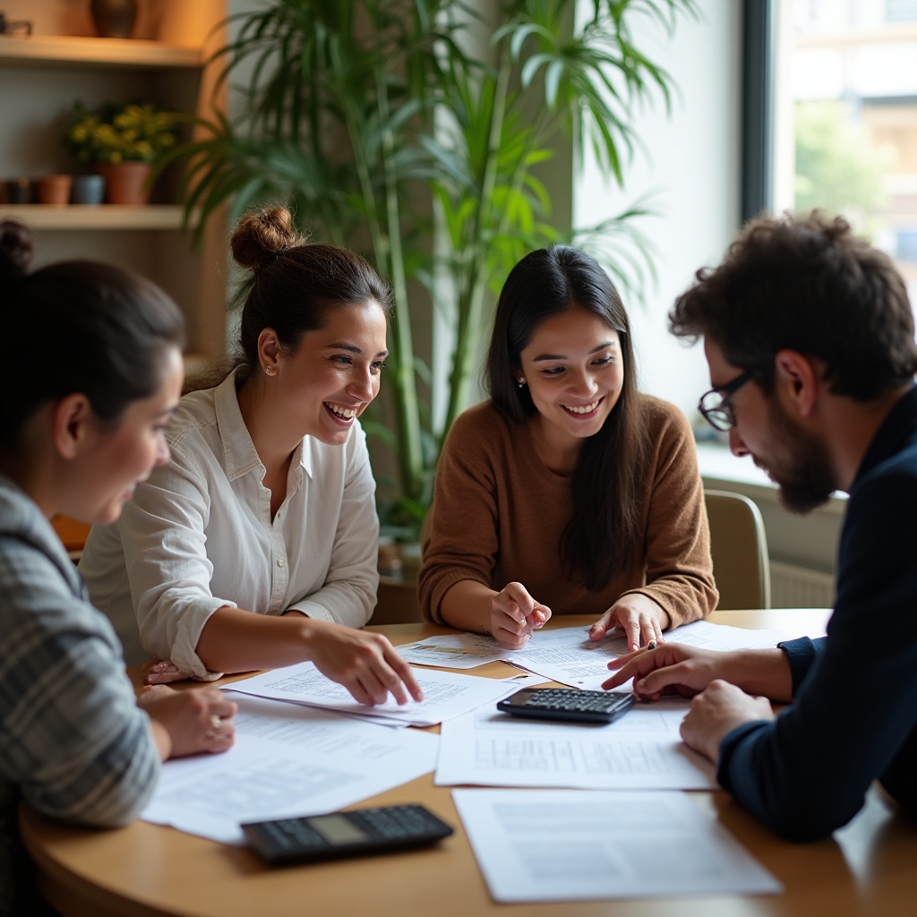 Workshop participants calculating aguinaldo with calculators and printed worksheets