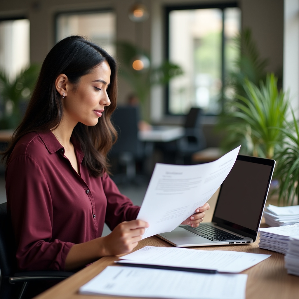 Coordinadora del taller revisando materiales en un escritorio con documentos impresos y laptop