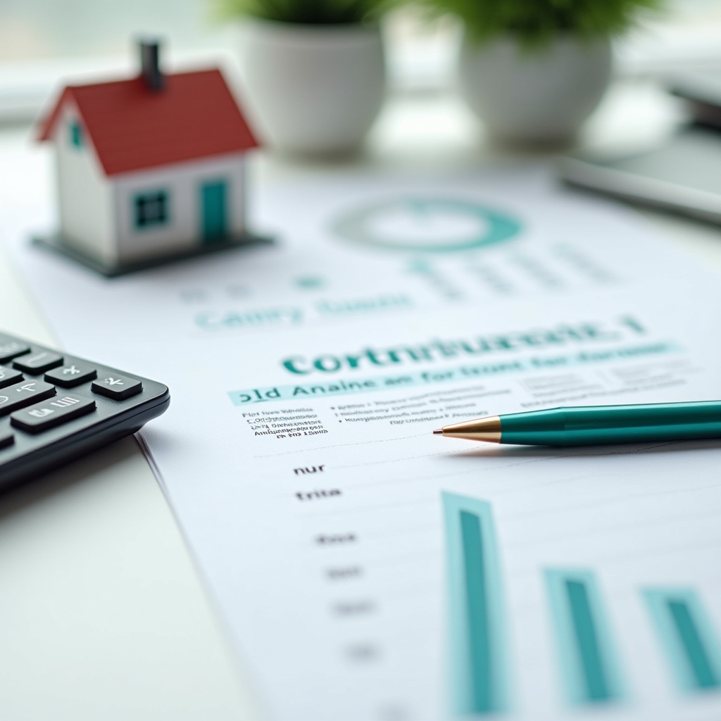 Illustration of Infonavit housing fund concepts with documents and a small house model
