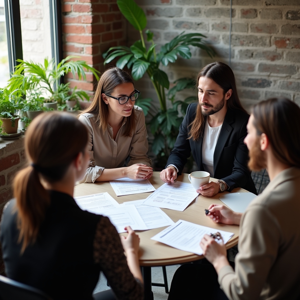 Equipo del taller y participantes reunidos alrededor de una mesa revisando materiales de nómina impresos