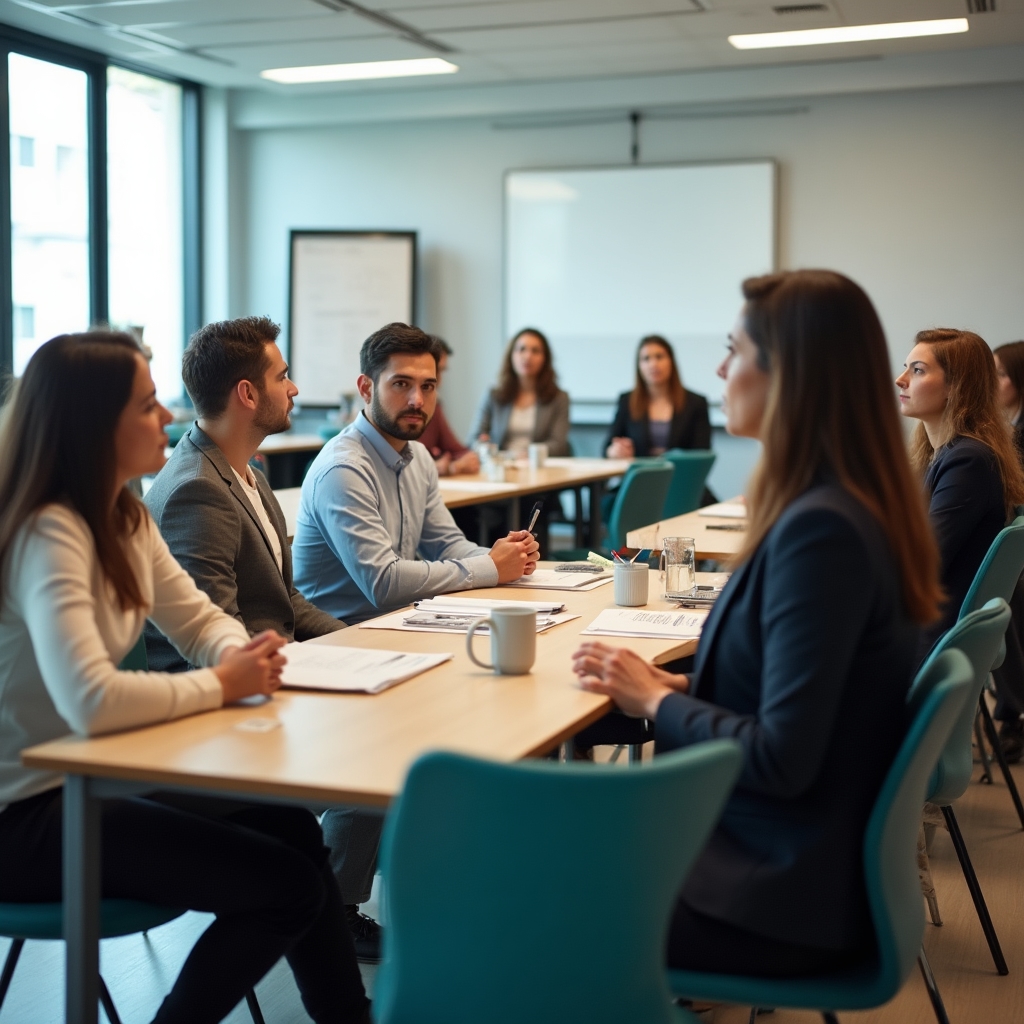 Workers attending an informational pay stub workshop in a classroom setting in Xalapa